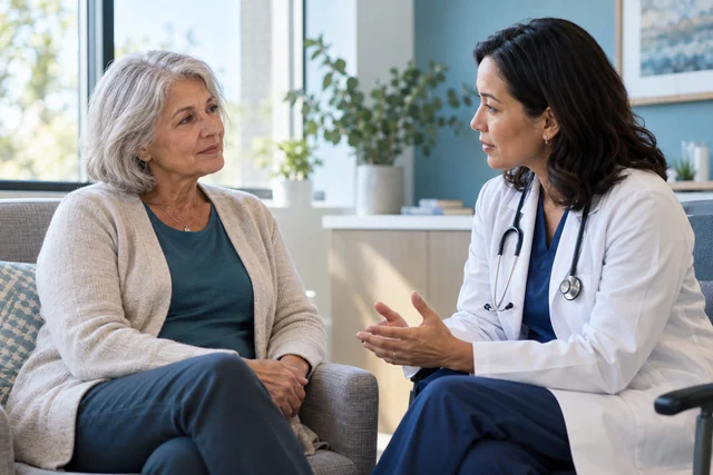 An oncology clinician speaking with an older adult patient